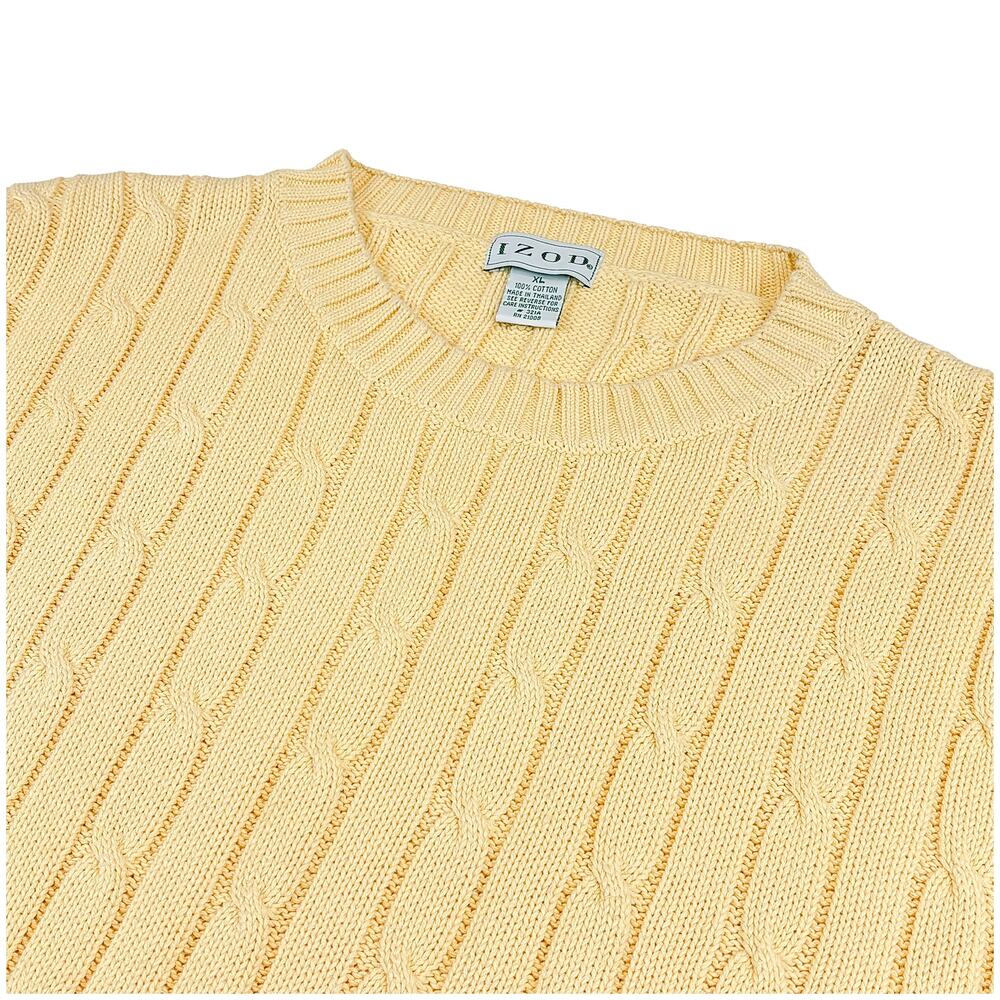 VTG IZOD Cable Knit Sweater Men XL Butter Yellow Cotton Fisherman Preppy Grandpa
